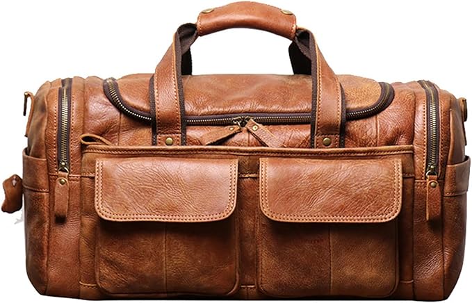 Full CowhideLeather Large duffel bags for men holdall leather travel bag overnight gym sports weekend bag (brown)