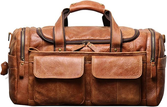Full CowhideLeather Large duffel bags for men holdall leather travel bag overnight gym sports weekend bag (brown)