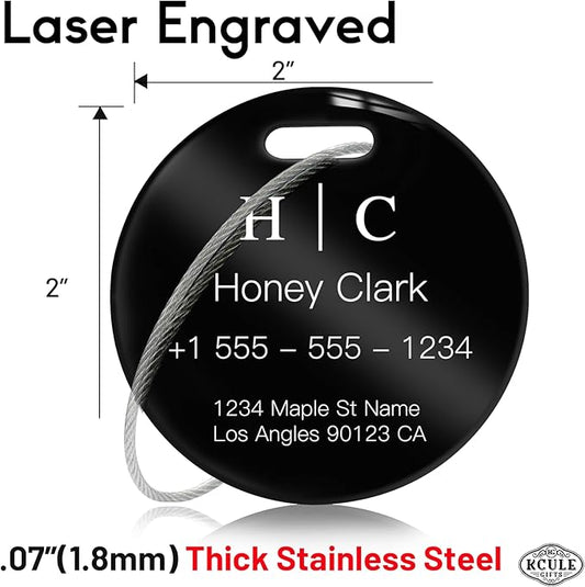 Stainless Luggage Tags for Suitcases 4 Pack: Metal Personalized Luggage Tags for Backpacks & Bags with Customizable Texts (Black)