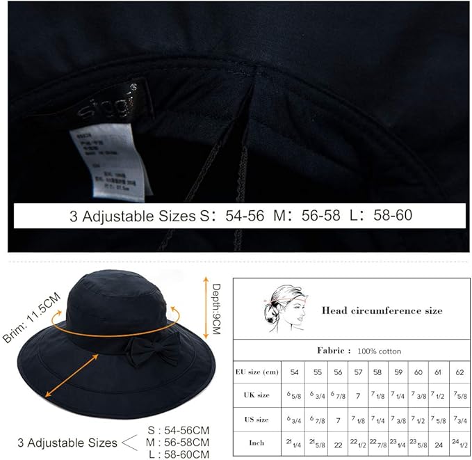Comhats Packable Summer Cotton Sun Hat Bucket for Women UV Protection Wide Brim Beach Gardening Travel 54-64CM