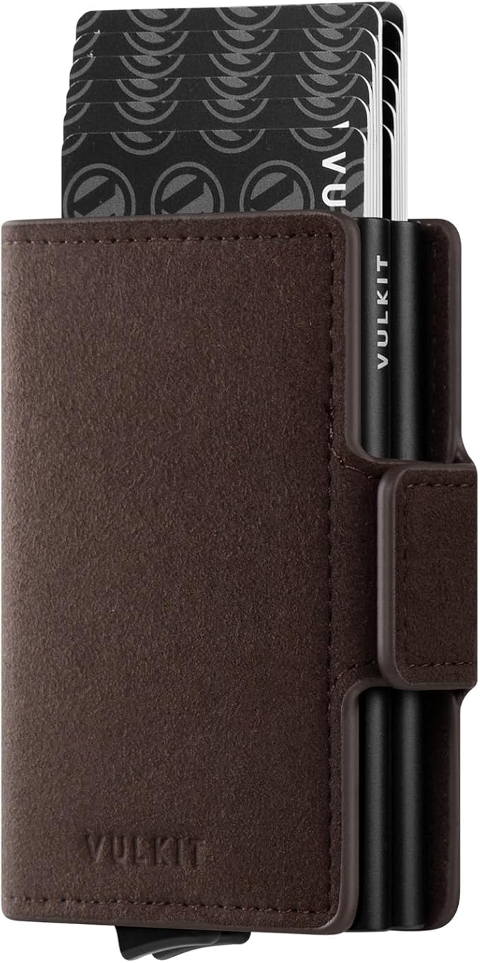 VULKIT Credit Card Holder RFID Blocking Leather Automatic Pop Up Wallet Magnetic Wallet Double Card Case for Men and Women