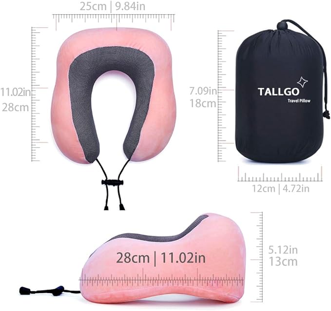 TALLGO Travel Pillow, Best Memory Foam Neck Pillow Head Support Soft Pillow for Sleeping Rest, Airplane Car & Home Use (Pink)