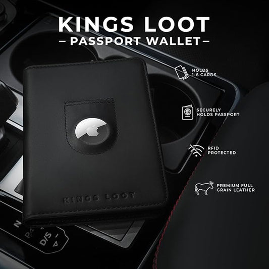 Kings Loot Passport Holder Wallet – RFID Blocking Leather Travel Wallet with Built-in Airtag Holder – Holds 1-6 Cards & Passport – Easy Pull Tab – Slim & Stylish Wallets (Onyx Black)