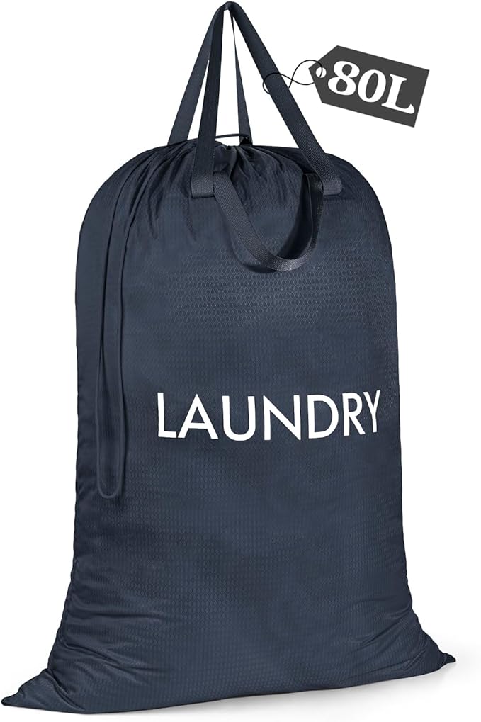 MissBoy Heavy Duty Nylon Laundry Bag,Washable & Splash-Resistant Dirty Clothes Storage Bag with Drawstring & Handles丨Lightweight, Foldable & Space-Saving for College Dorm,Beach&Trips, 80L Navy Blue