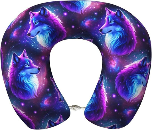 Comfortable Memory Foam Travel Neck Pillow, Funny Chin/Head Cushion Supporting Airplane Car Pillows Purple Universe Galaxy Magic Wolf in The Space Art for Sleeping Outdoors Travel Office