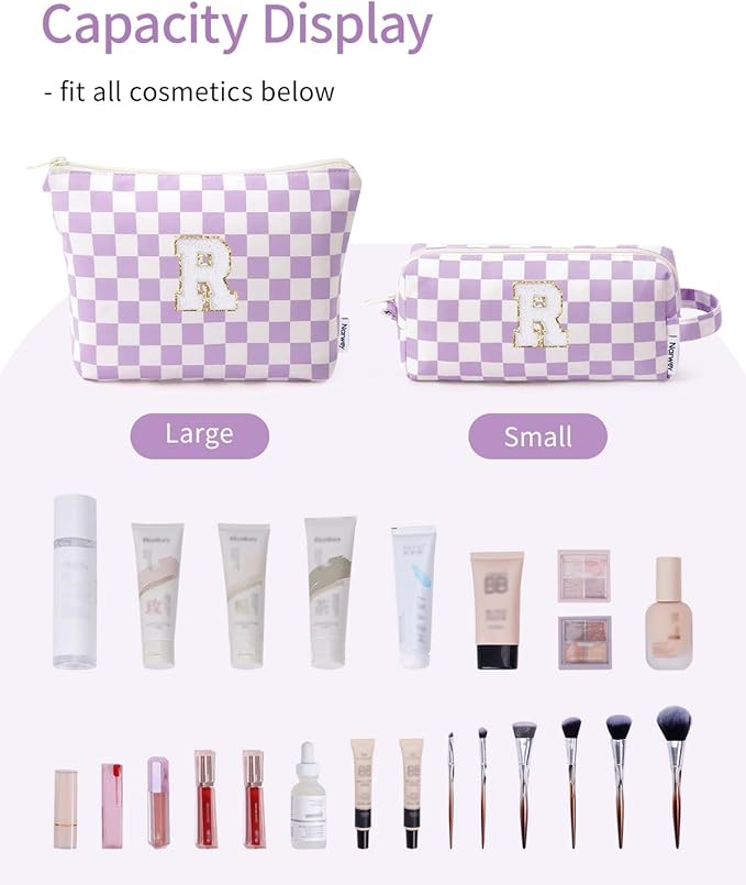 Narwey 2 Piece Personalized Initial Makeup Bag Checkered Cosmetic Bags, 6 8 10 11 12 13 14 16 18 Years Old Teen Girl Gifts Trendy Stuff Birthday Gifts for Women, Travel Toiletry Bag (Purple Letter R)