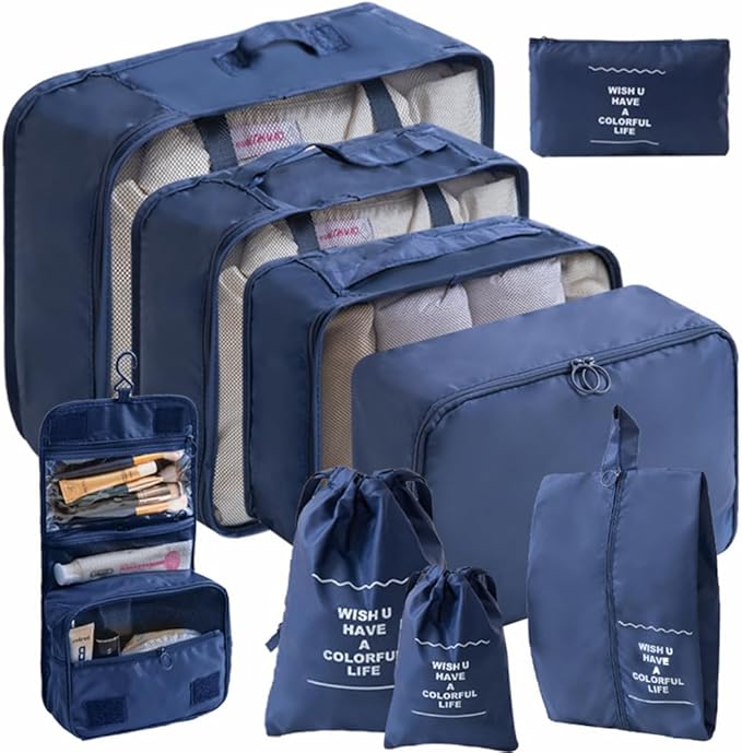 Packing Cubes Storage Bags 9 Pieces-Luggage Organizers Classify Store Clothing Efficiently for Travel Outdoor Home (Navy Blue, 9 Pieces)