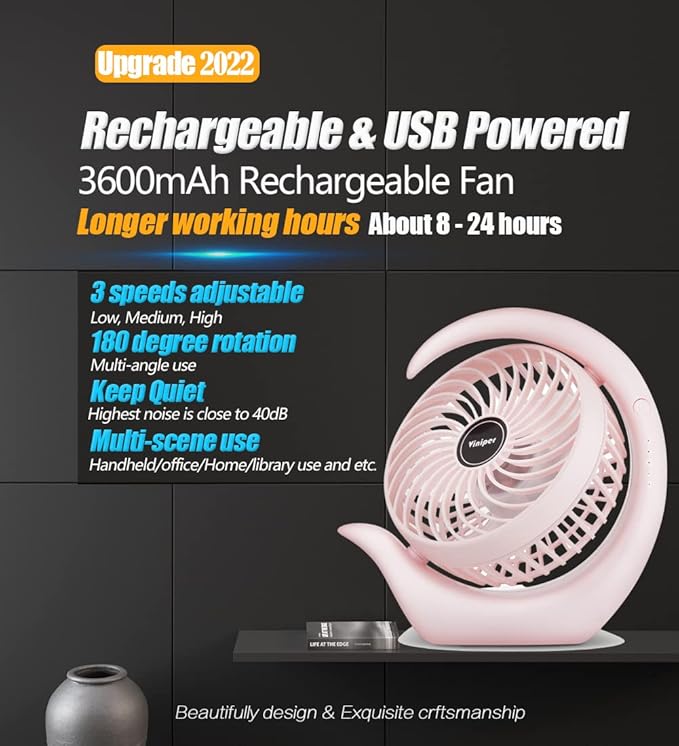 Viniper Battery Operated Fan, Usb Desk Fan : 180° Rotation and 3 Speeds Portable Office Fan, About 8-24 Hours Working for Office Home (Light Pink, Light Black Blade)