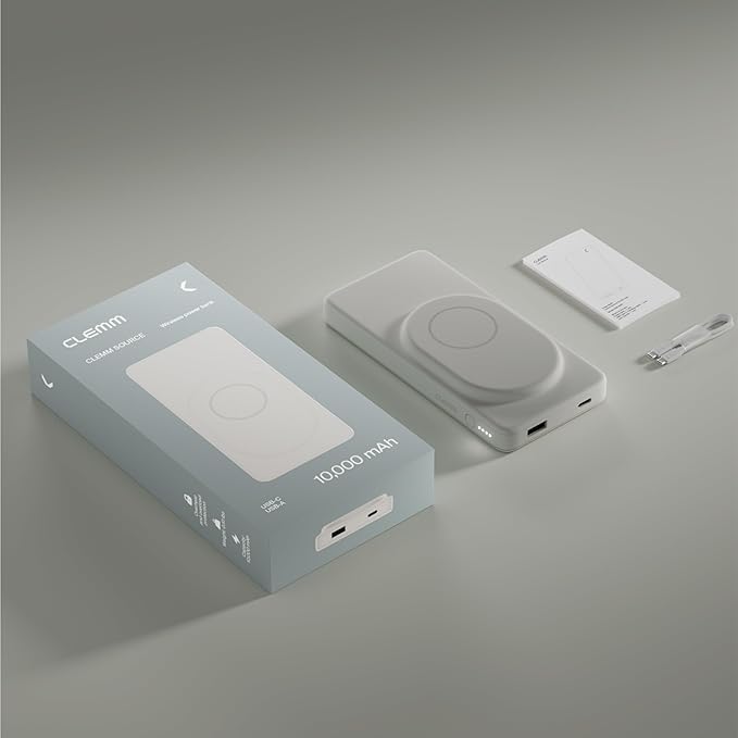 Clemm Portable 10000 mAh Wireless Power Bank, Travel Essential, Quick Charging for iPhone 16/15/14/13/12/11/X, Samsung Galaxy, iPad, Google Pixel & More - USB-C × 1 & USB-A × 1, Ivory