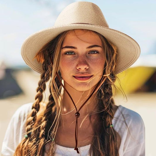 DRESHOW Women Straw Panama Hat Travel Fedora Beach Sun Hat Summer Wide Brim Straw Roll up Hat UPF 50+