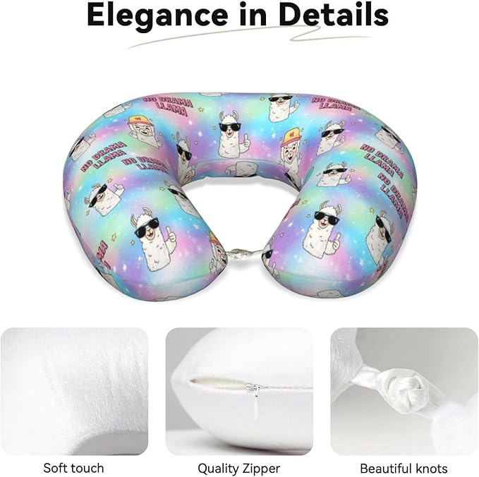 Unique Travel U Shaped Pillows No Drama Llama for Airplanes Car Flight, Comfortable Chin Head Neck Cushion Supporting, Polyester Removable Cover