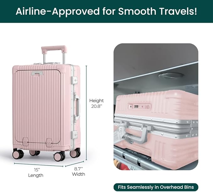 Nobl Travel Carry On Luggage, Noble Zipperless Aluminum Frame PC Hard Shell Suitcase, 20.8"x15"x8.7" Airline Approved, 360° Spinner Wheels, TSA Locks, USB Charging Port, Cup & Phone Holder - Blush