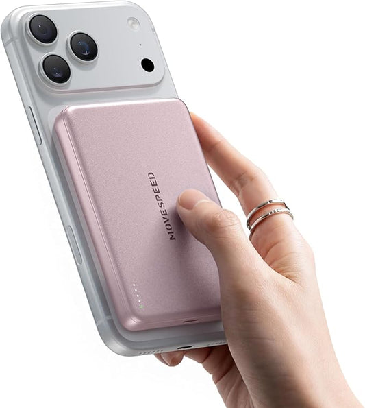 MOVE SPEED 0.5'' 10,000mAh Magnetic Power Bank, Alloy-Design MagSafe Portable Charger,Fast Charging Magsafe Battery Pack for iPhone 16/15/14/13/12,Travel Essential,Blush Pink