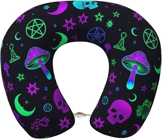 Funny Neck Pillow Support for Car Flight Rest Witch Frogs Goth Moon Skull Mushroom, Memory Foam U Shaped Decor Head Cushion for Home Outdoors Travel