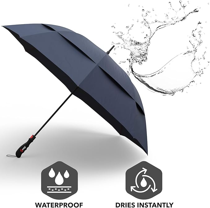 Repel Umbrella Extra Large Windproof Golf Umbrella - Covers 2 People - 60" Wide Vented Double Canopy with Reinforced Fiberglass Ribs, Waterproof Coated Canopy