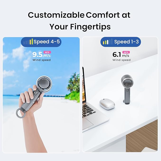 AIRMATE Portable Handheld Fan, 5 Wind Speed Adjustable, 3000mAh Battery Rechargeable, Durable Motor, 13000RPM Super Powerful Wind, Personal Turbo Hand Held Mini fan for Makeup/Travel/Outdoor (Grey)