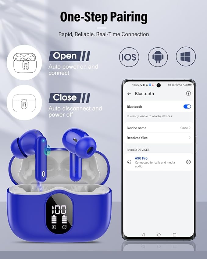 Wireless Earbuds, Bluetooth 5.4 Headphones Bass Stereo, Ear Buds with Noise Cancelling Mic, LED Display in Ear Earphones Clear Calls, IP7 Waterproof Bluetooth Earbuds for Laptop/Phones/Sports, Blue