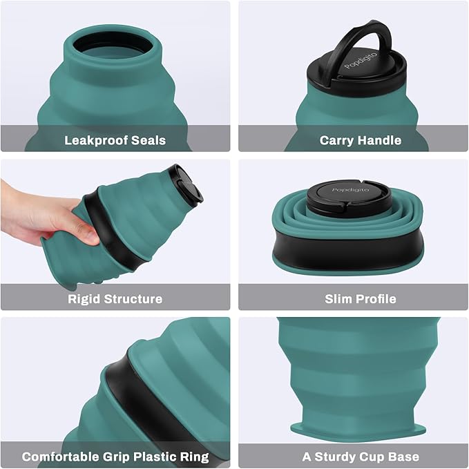 Collapsible Water Bottles,600ml BPA Free Reusable Lightweight LeakProof Silicone Foldable Water Bottle for Travel Hiking Camping Sports,Collapses to 1.5” & anti-Collapse Ring,Dark Green