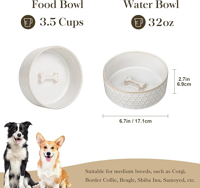 MALACASA Ceramic Dog Food Bowl, 3.5 Cups or 32oz Dog Food Water Dish for Mudium Breeds, Pet Bowl Dishwasher & Microwave Safe, Honeycomb, Series Lydia