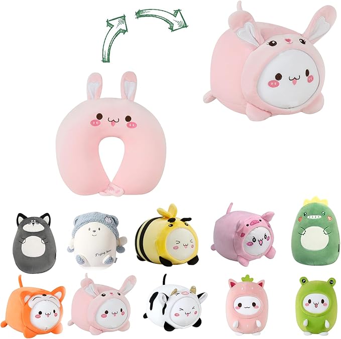 Kids Travel Pillow - 2-in-1 Deformable Kids Neck Pillow for Traveling, Soft U-Shaped Pillow with Adorable Animal Design, Comfy Sleep and Play, Ideal for Airplanes and Traveling (QQ Pink Rabbit)