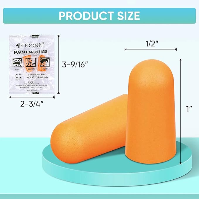 TICONN 200 Pairs Ear Plugs, 32dB Noise Reduction Earplugs for Sleeping Hearing Protection Travel Study Concentration Construction Site (200 Pairs)