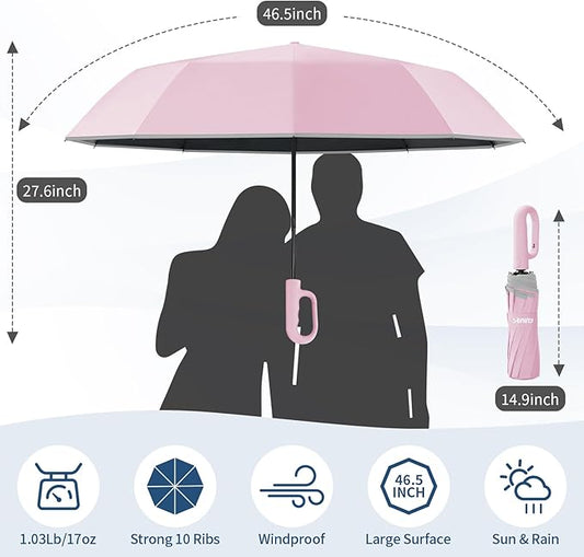 Seniny Travel Umbrella with Carabiner Handle, Windproof Large Umbrellas for Rain with Dual-Rib Structure, Portable Compact Umbrella with Reflective Strip, Car Backpack UV Umbrellas for Sun Protection