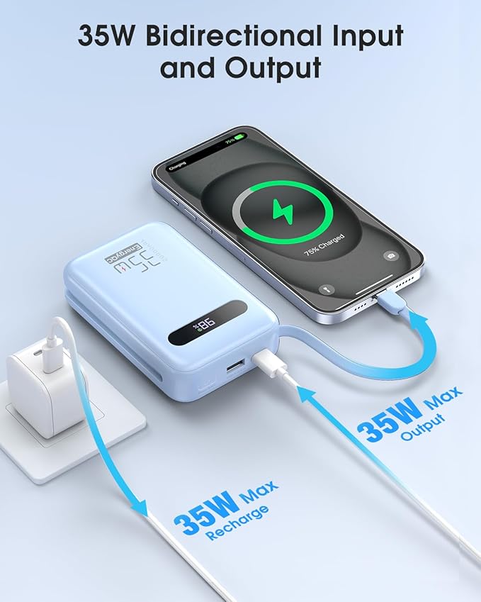 EnergyQC 20000mAh Portable Charger, 35W PD 3.0+QC 4.0 Fast Charging Power Bank with Built-in Lightning & USB-C in&Out Cables, Travel Battery Pack for iPhone 16/15/14/13, Samsung, iPad, Android, Blue