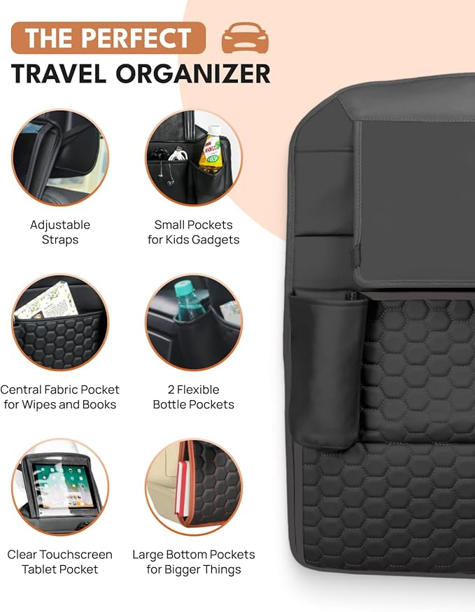 Owleys Back Seat Car Organizer for Kids, Front Passenger Caddy, Center Row Vehicle Storage with Pockets – Premium Eco Leather, 8 Compartments, Black Travel Accessory for SUV, Truck, Sedan, Van, Jeep