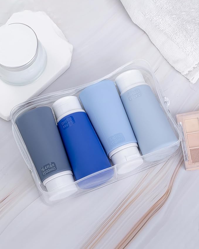 Valourgo Travel Bottles for Toiletries, Tsa Approved 3.4oz Portable Travel Bottles, BPA Free Leak Proof Travel Tubes Refillable Travel Accessories, Travel Accessories with Clear Toiletry Bag, Blue