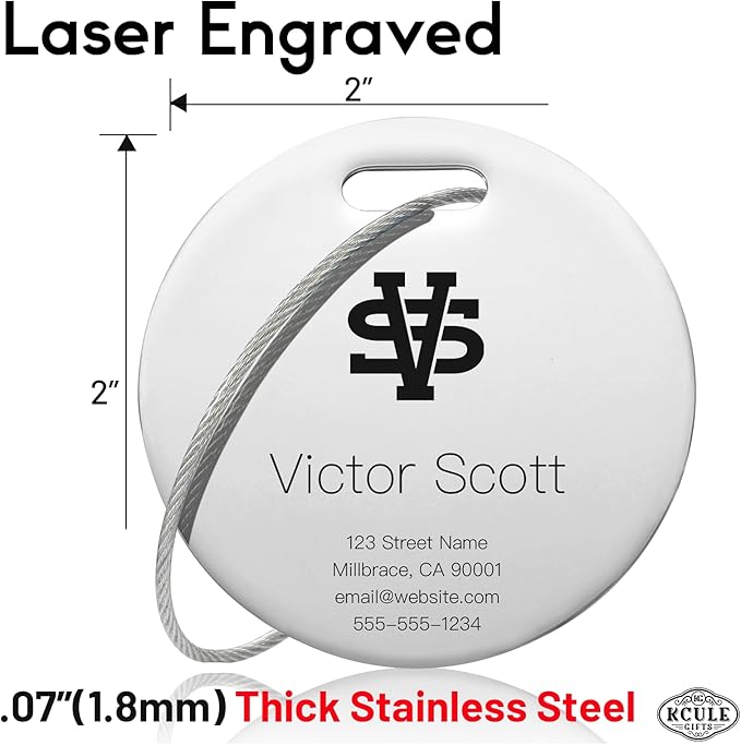 Personalized Luggage Tags for Suitcases - Stainless Steel Custom Luggage Tags for Backpacks & Bags, Sturdy, Waterproof & Heavy Duty (Silver/Round)