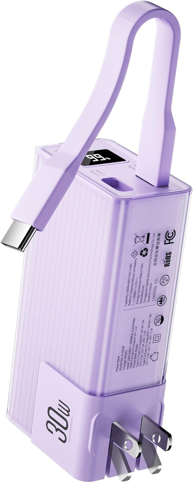 Miady Portable Charger Built-in Foldable Wall Plug, PD 30W 10000mAh Compact Power Bank has USB-C Cable & LED Display, Travel Essential Battery Pack Compatible with iPhone Galaxy Smartphones (Purple)