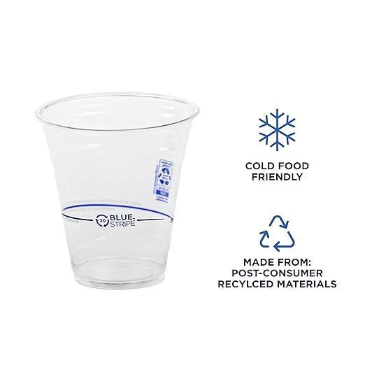 ECO PRODUCTS BlueStripe Recycled 12oz Plastic Cups, Case of 1000, Made from 30% Post-Consumer Recycled Plastic Bottles, Recycled PET (rPET) For Cold Drinks & Snacks, Clear For Visibility