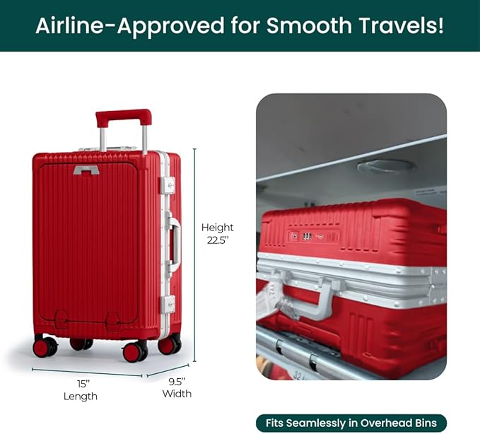 Nobl Travel Carry On Luggage, Noble Zipperless Aluminum Frame PC Hard Shell Suitcase, 22.5x15x9.5 Airline Approved, 360° Spinner Wheels, TSA Locks, USB Charging Port, Cup & Phone Holder - Red