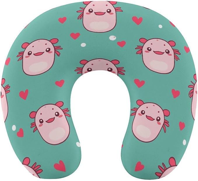 Men’s Comfort U-Shaped Neck Pillow Memory Foam Travel, Axolotls Hearts and Bubbles Green U-Shape, Breathable Car Airplane Support