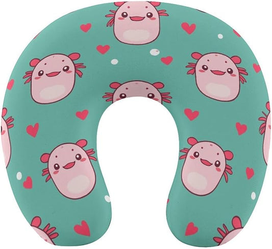 Men’s Comfort U-Shaped Neck Pillow Memory Foam Travel, Axolotls Hearts and Bubbles Green U-Shape, Breathable Car Airplane Support