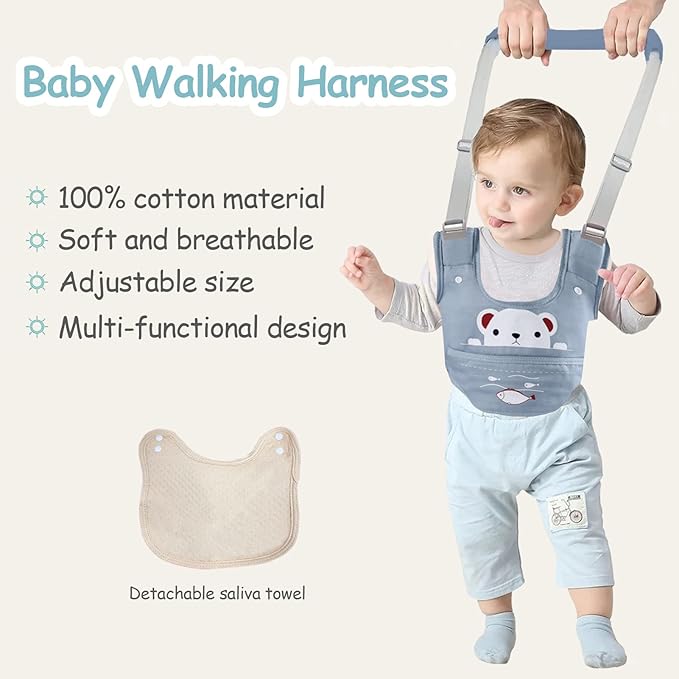 Baby Walking Harness Handheld Baby Walker Assistant Belt Adjustable Toddler Infant Walker Safety Harnesses Standing Up Walking Learning Helper with Detachable Crotch for 9-24 Month Old (Blue)