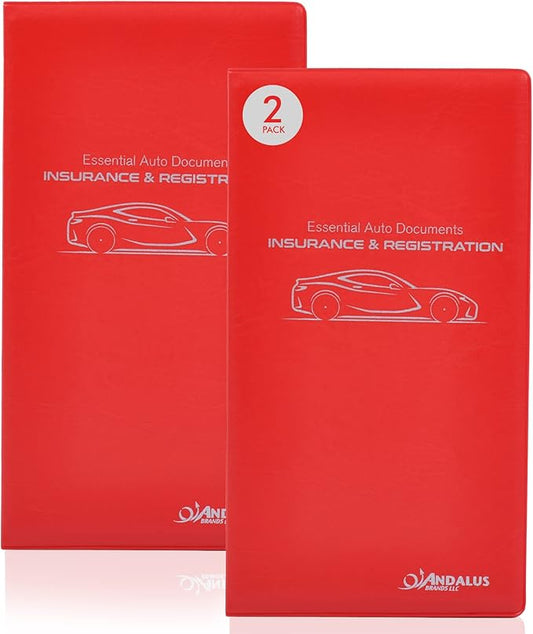 Andalus Auto Registration & Insurance Card Holder Pack of 2, Waterproof Essential Car Registration Holder with Hook & Velcro Closure, Perfect for Every Vehicles Glove Boxes (Red - 9.5" x 5.15")