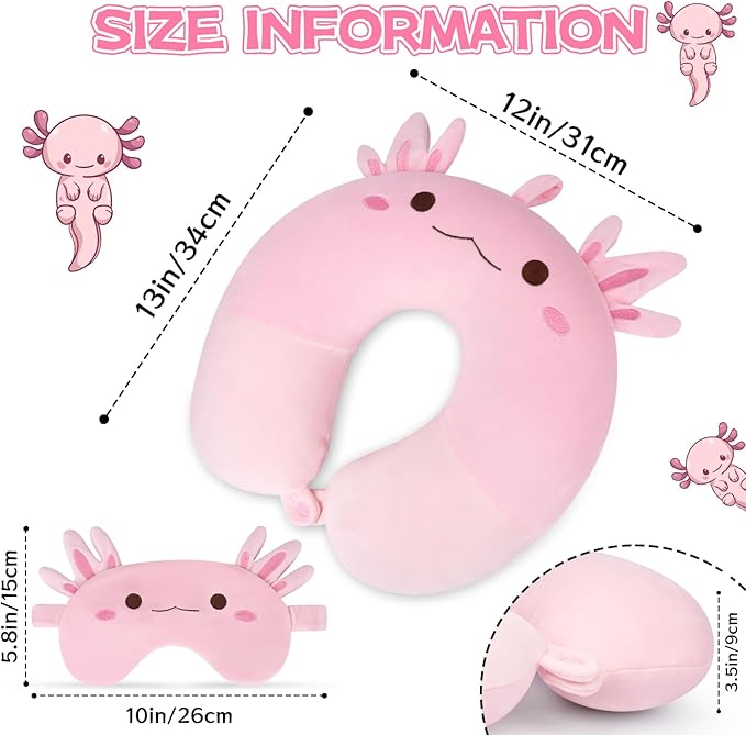 Kids Travel Pillow, Kid Neck Pillows with Eye Mask Cute Axolotl U Shaped Neck Pillow, Neck Support Travel Pillow for Road Trip, Airplane, Travel Pillow for Kids & Adults