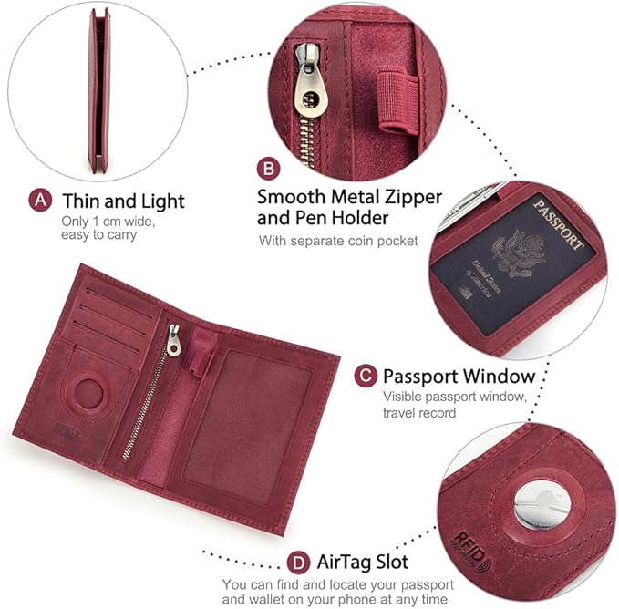 CONTACTS Full Grain Leather Airtag Passport Holder RFID Blocking Travel Passport Wallet Slim Passport Cover Case with 4 Cards Slots, Coin Pocket (Wine Red)