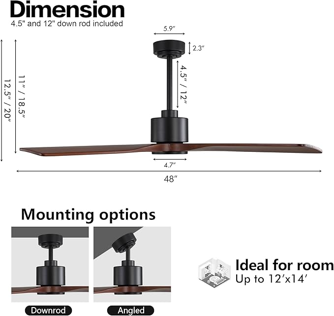 WINGBO 48 Inch DC Ceiling Fan without Lights, 4 Carved Solid Wood Blades, 6-Speed Noiseless Reversible DC Motor, Modern Ceiling Fan No Light with Remote, Black Finish with Walnut Blades, ETL Listed
