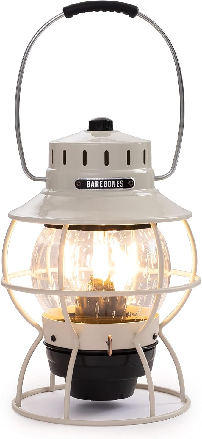 Barebones Railroad Lantern – Vintage White, Vintage-Inspired LED Camping Lantern with Rechargeable Battery – Adjustable Brightness Outdoor Light for Camping Gear, Backyard, and Home Decor