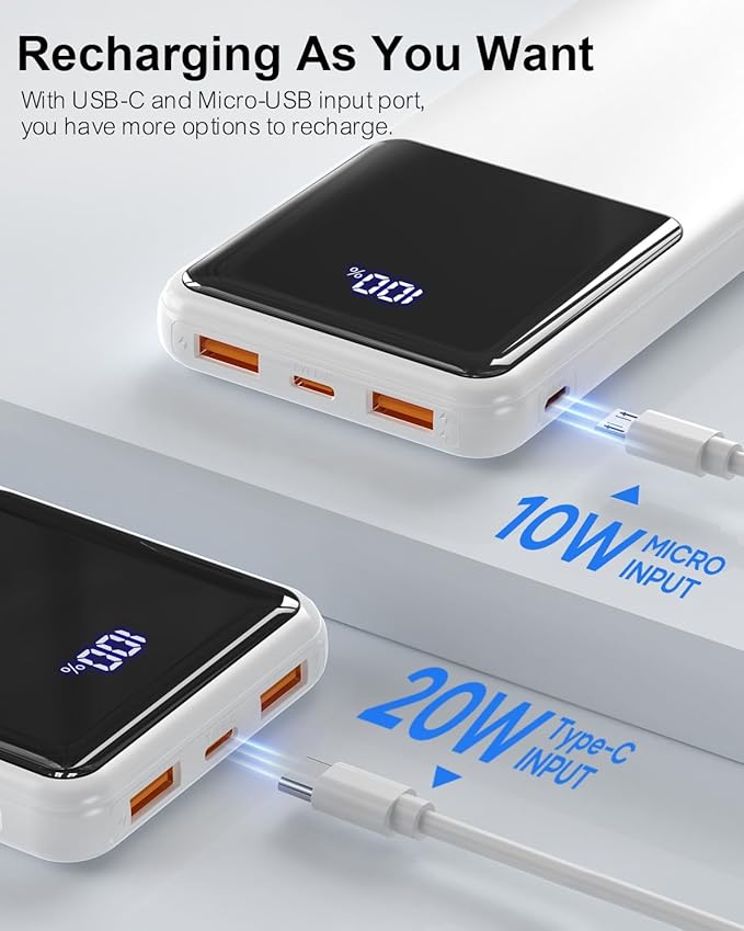 Power Bank Portable Charger 10000mAh PD 22.5W, 5V Battery Pack for Heated Vest & Heated Jacket, LED Display & USB-C Input/Output, Compatible for Smartphones, Tablets,Travel Essentials. (White)