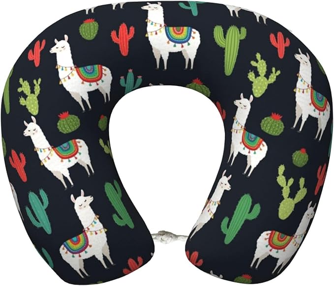 Travel Pillow Chin Neck Support, Comfortable Airplane Car Pillows for Rest, Memory Foam U Shaped Office Home Nap Sleeping Cushion Llama Alpaca Cactus