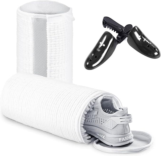 Shoe Washing Bag for Washing Machine, Fluffy Fibers Keep 360° Wrap-around Cleaning, Adjustable Shoe Trees, Durable Hidden Zipper Reusable Laundry Bag for Sneaker Gym Shoes White