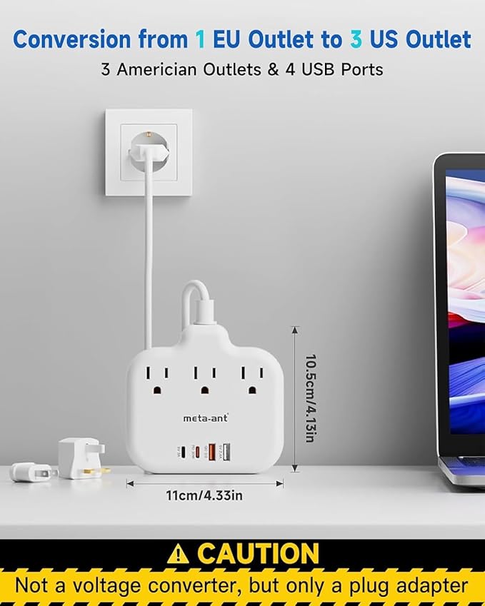 PD30W European Travel Plug Adapter, International Power Adapter with 3 Outlets 2 USB-C and 2 USB-A Fast Charger, Universal Travel Adapter with 3ft Extension Cord for EU US UK Europe France Spain