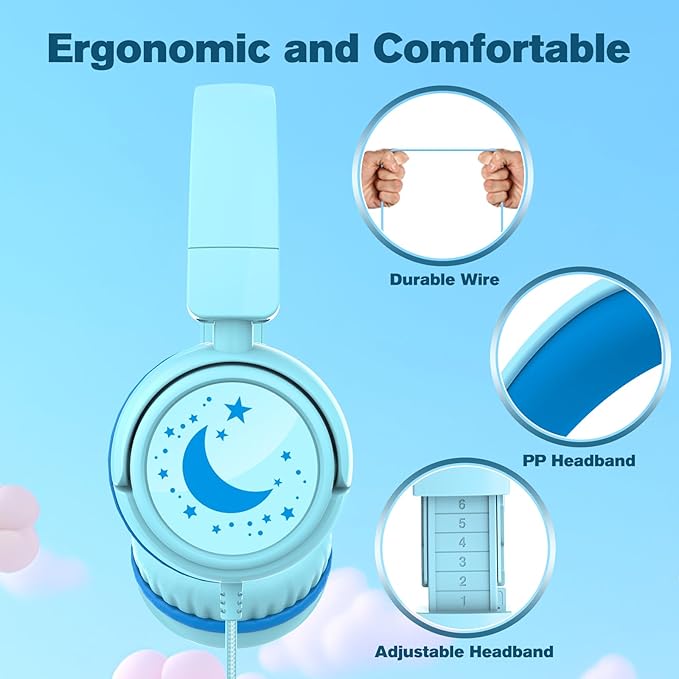 K6 Kids Headphones, 85/94dB Volume Limit Wired Headphones for Kids,3.5mm Jack Foldable Stereo Sound Toddler Headset with Mic, On-Ear Headphone for Smartphones/iPad/Tablet/Plane/Travel (Cyan)