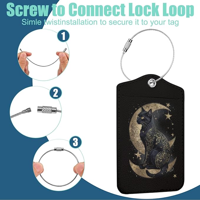 Cat Moon Luggage Tag, Suitcase Tags with Privacy Flap and Metal Loop, Luggage Tags for Suitcases, Identifiers Travel Essentials Bag Tag, Cat Lovers Gifts for Women Girls Friends Sister