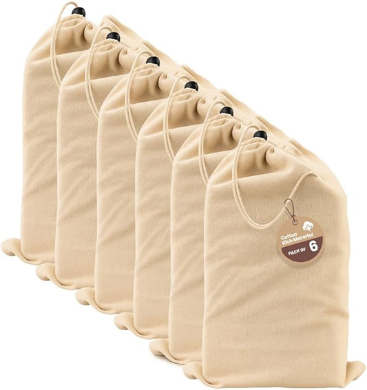 LFH Cotton Shoe Storage Bags with Drawstring, Dustproof Breathable Reusable Organizer, Perfect For Travel, Dorm, Hotel, College, Gym, Easy to Carry, Machine Washable 8"x17" (Pack of 6) - Natural