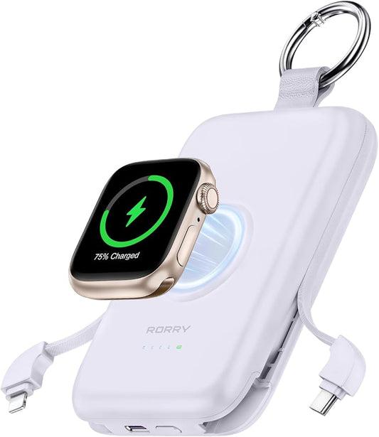 RORRY Portable Charger, 10000mAh PD 20W Fast Charging Portable Charger Power Bank with Built in Cables, Travel Battery Pack for iPhone 17/16/15/14/13/12 and Apple Watch Ultra/11/10/9/8/7/6/5, Purple