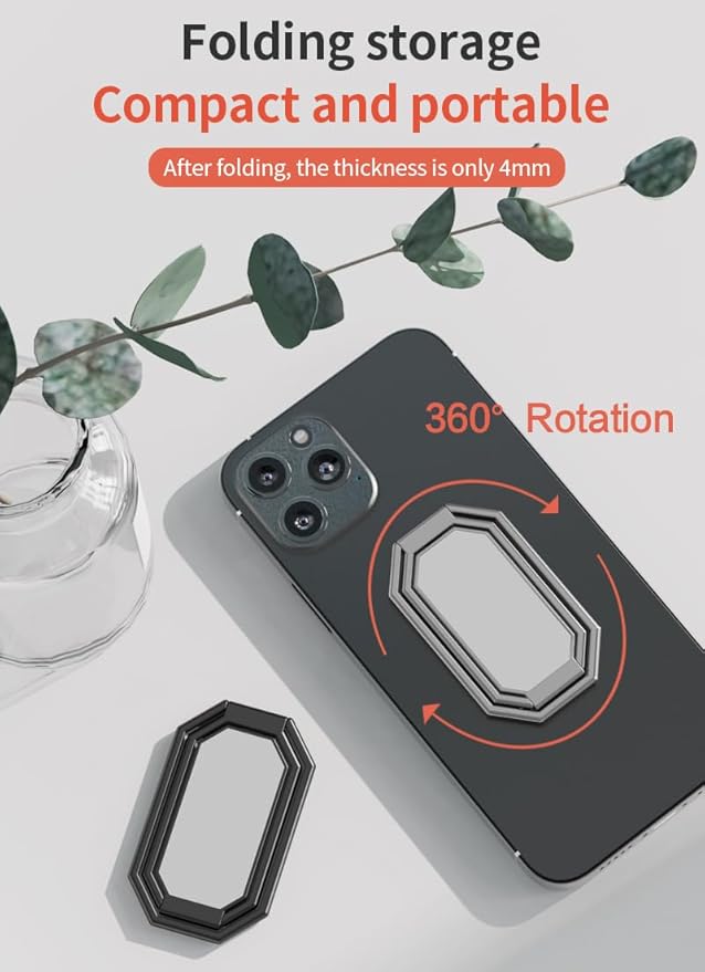 Phone Ring Holder Finger Kickstand Foldable Cell Phone Stand Upgraded 360°Rotation Metal Ring Grip Holder for Magnetic Car Mount Compatible with iPhone iPad Samsung Most Smartphone